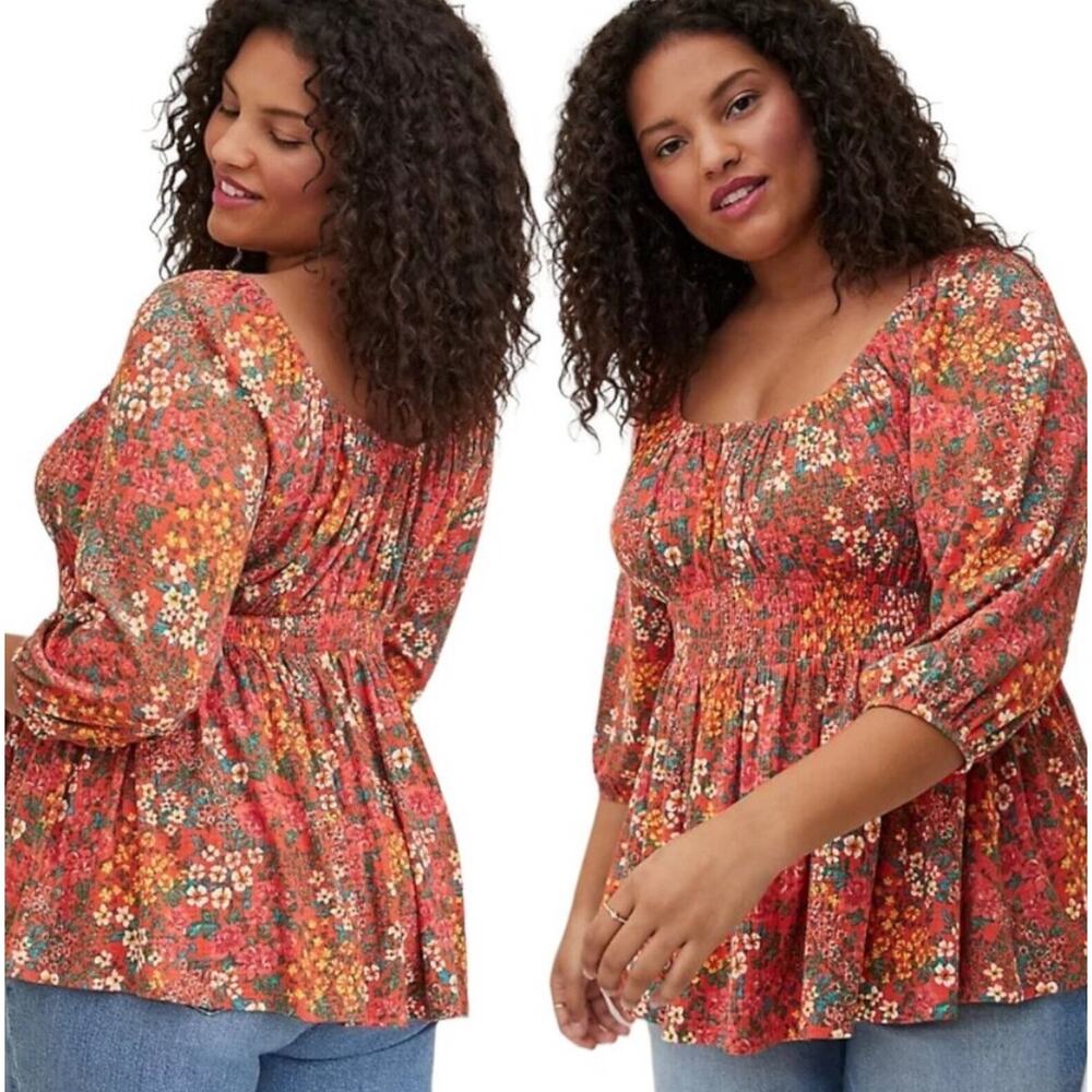 Torrid NEW Floral Smocked Romantic Top Womens Size 2X Orange Babydoll Blouse